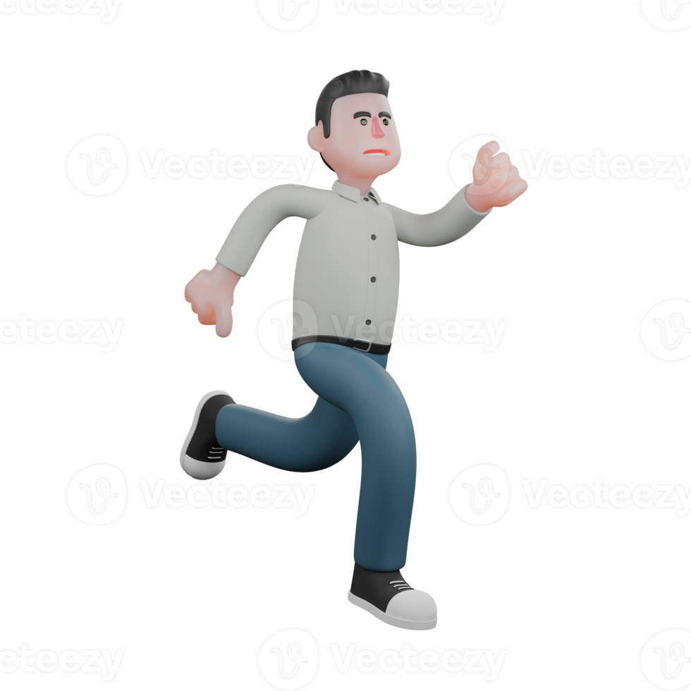 3D Writer Male in Professional Setting. A male writer runs very fast with a panicked expression. Literary png