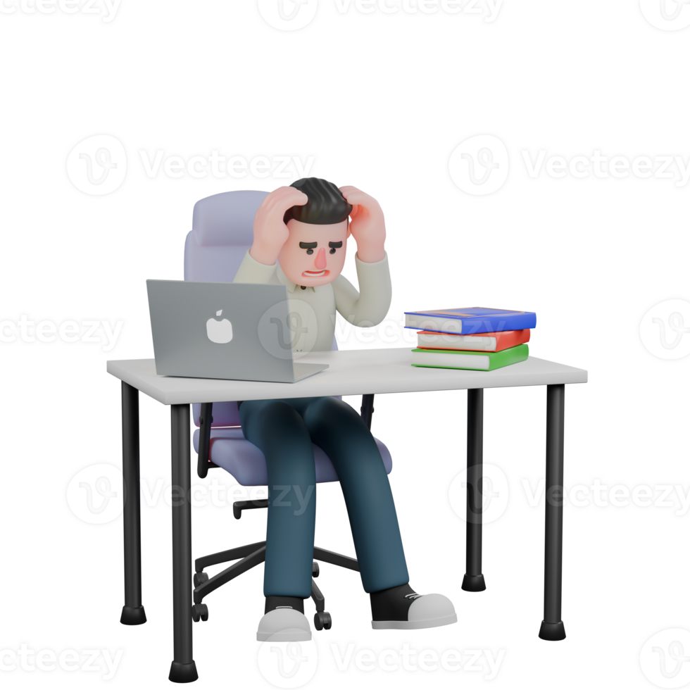 3D Male Writer Character in Action. A male writer sits on a work chair with both hands on his head. Professional png