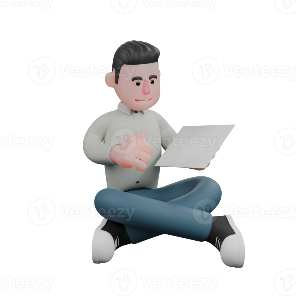 Professional 3D Male Literary Writer. A male writer is sitting cross-legged while reading a white book. Cartoon png