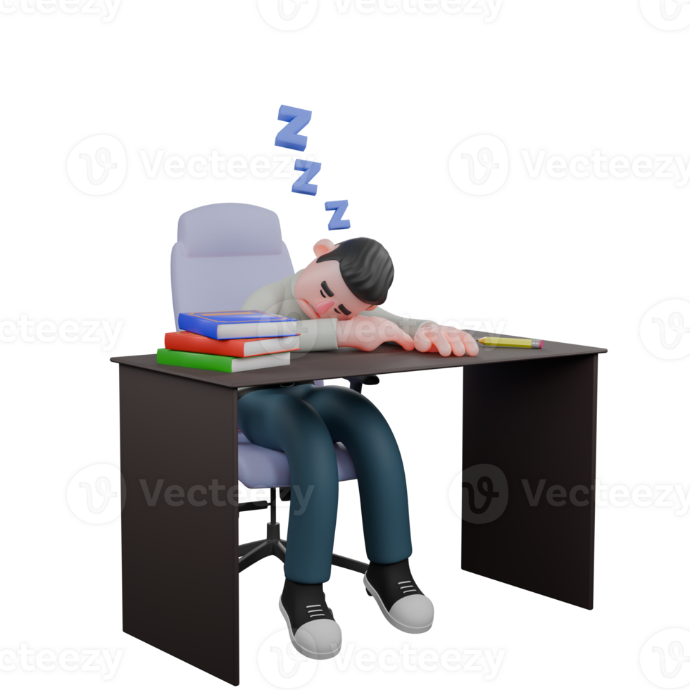 Literary Professional Male. A male writer is sleeping at his desk. 3D Writer Cartoon png