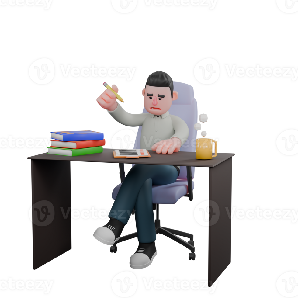 3D Male Writer in Professional Role. A male writer sits at his desk with a pencil in his right hand. Literary Cartoon png