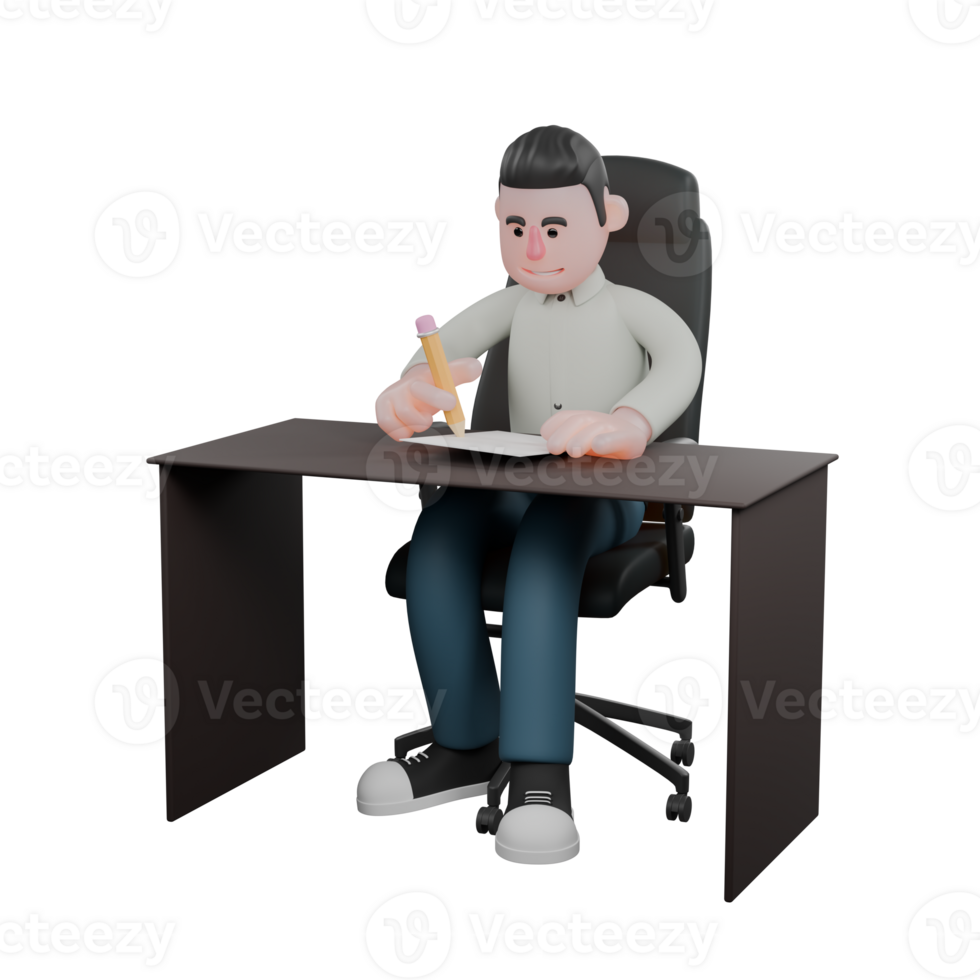 Literary Writer Professional in 3D. A male writer is sitting at his desk while writing. Male png