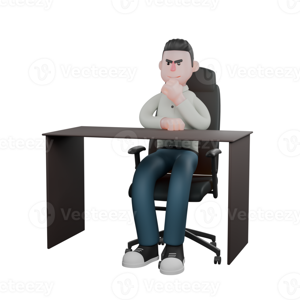 Professional Writer Character in 3D. A male writer sits on an office chair with a serious expression, hands touching his chin. Male png