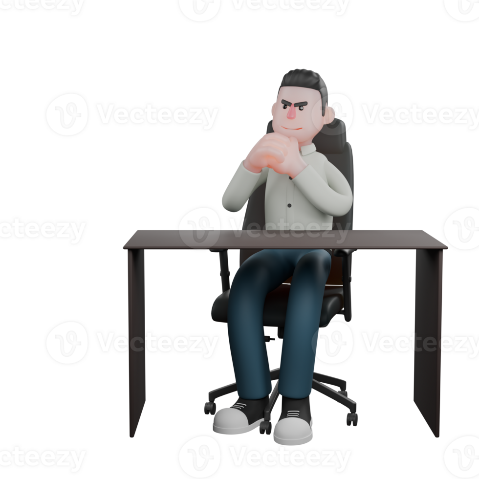 Male Writer in Literary 3D. A male writer sits on an office chair with his hands interlocked. Professional Character png