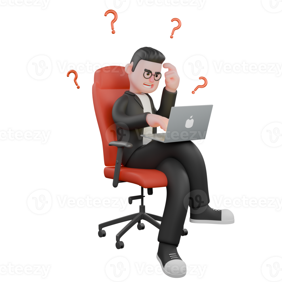 Editorial Expert 3D Model. A male editor sits in a rocking chair with his laptop at his feet and his head, as if he is thinking. Editor Cartoon png