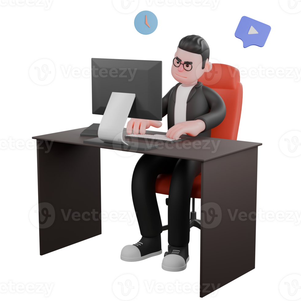 3D Cartoon Editor Character. A male editor is sitting at his work desk with both hands operating the computer. Publishing Expert Model png