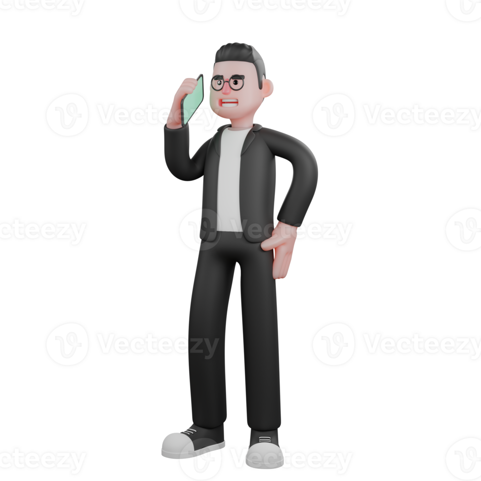 3D Male Editor Working. A male editor stands holding a mobile phone in his right hand while his left hand is on his waist. Editorial Office Cartoon png