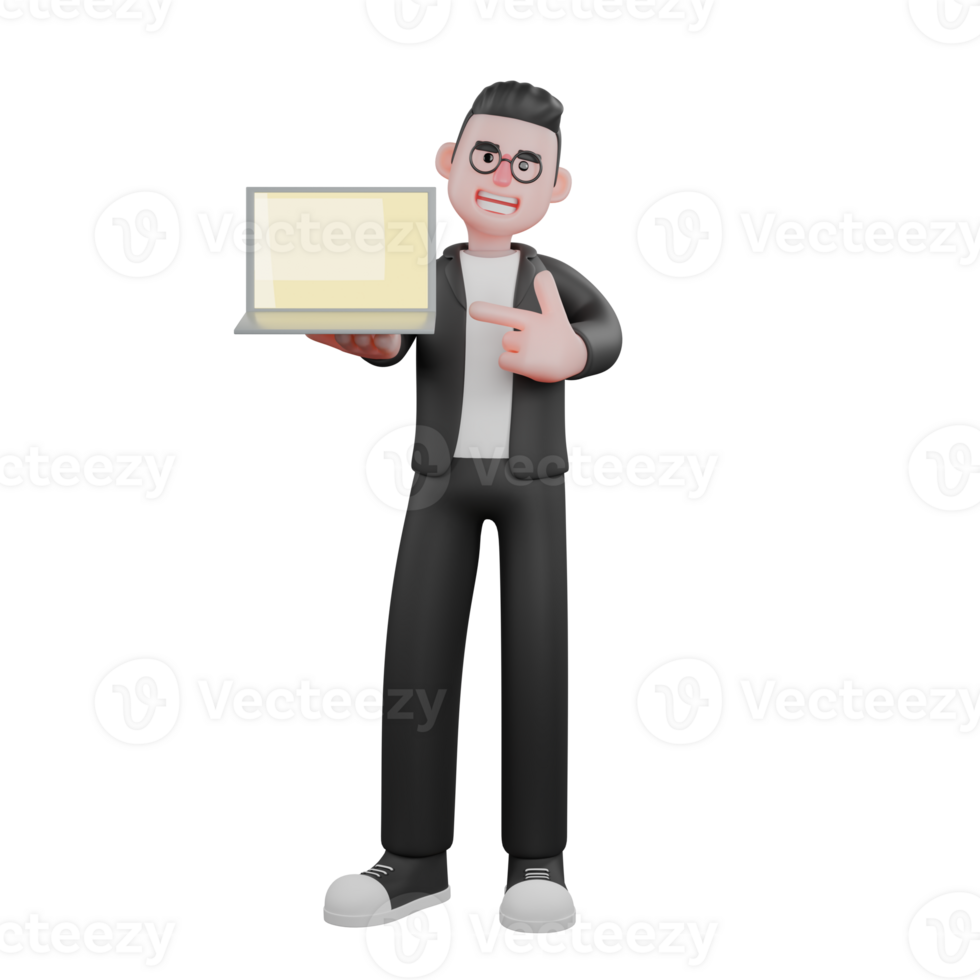 3D Model of Cartoon Editor. A male editor is standing holding a laptop in his right hand while his left hand is pointing at the laptop. Content Management Expert png