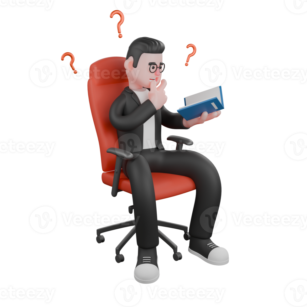 Publishing Expert in 3D. A male editor sits on a jeweled chair holding a book in his left hand and his right hand holding his chin, as if in thought. Cartoon Editor png