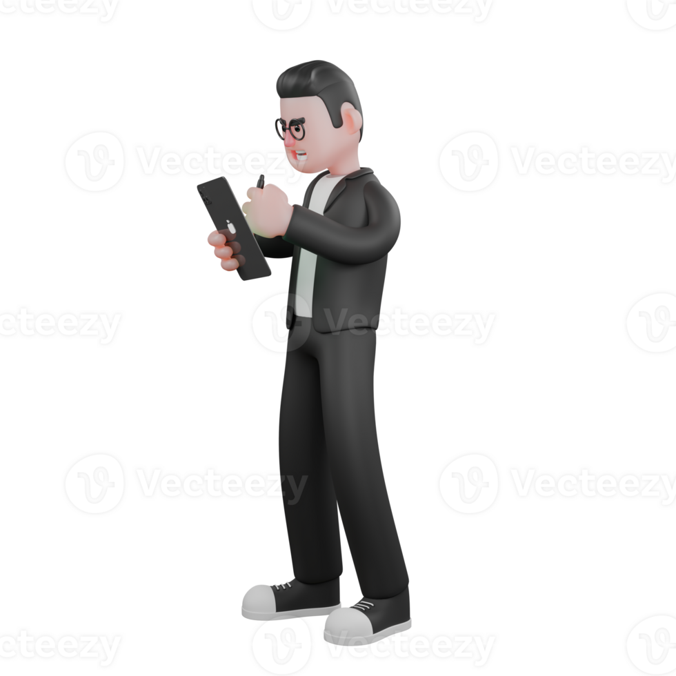 Illustrated of a Professional Editor. A male editor stands holding a tablet and drawing on the tablet in hand. 3D Male png