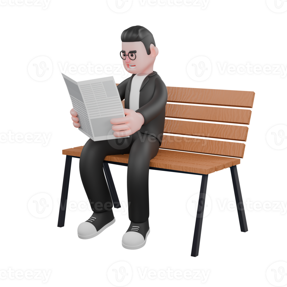 Male Editor 3D Model. A male editor sits on a park bench holding a newspaper. Editing Suite Environment png