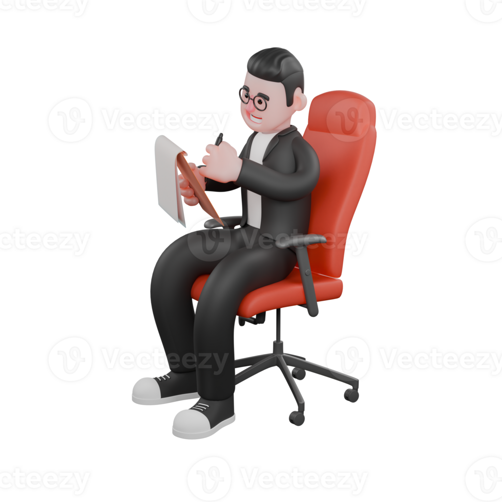 Editing 3D Illustrated. A male editor sits on a gaming chair with his right hand holding a clipboard while his left hand holds a pen. Professional Male Editor png