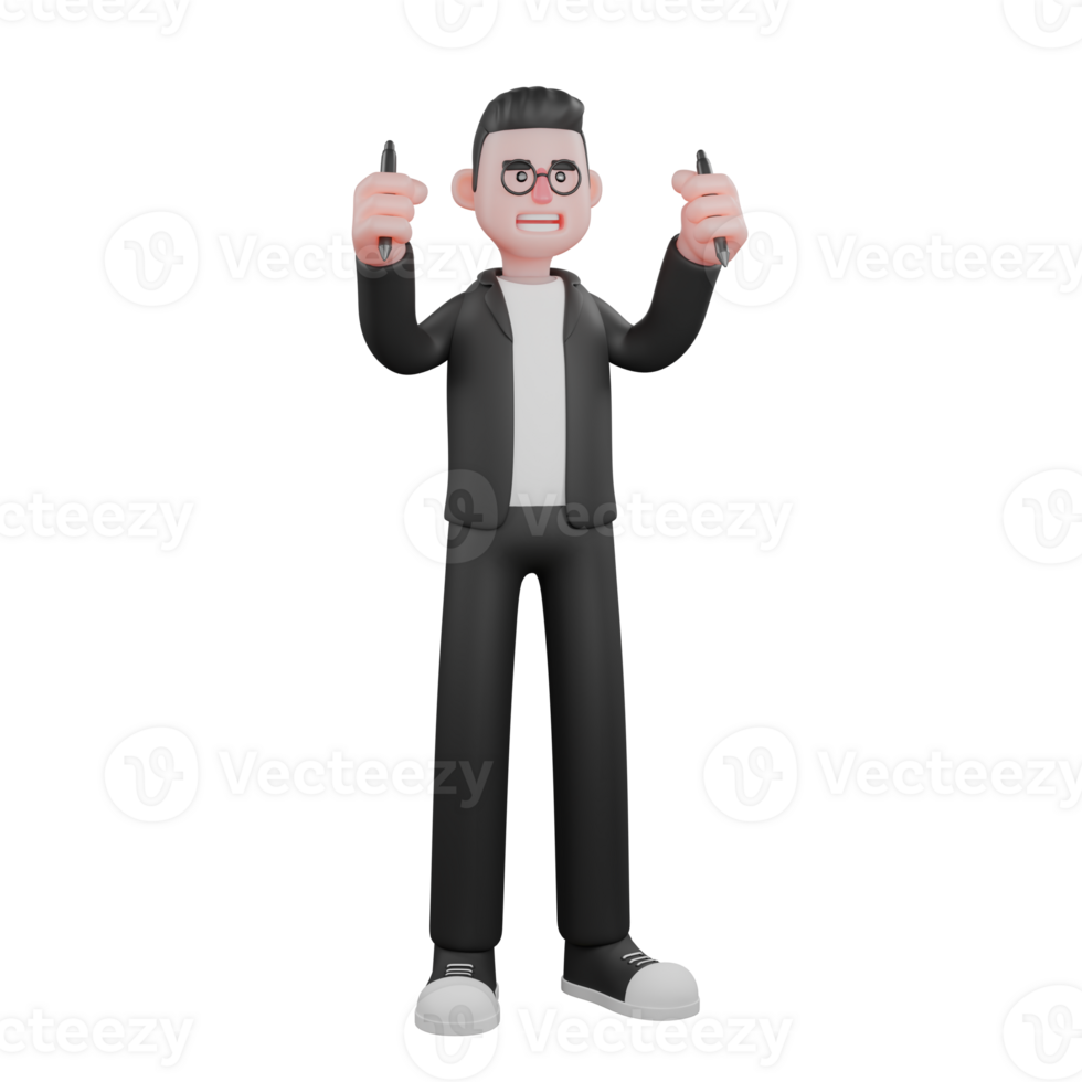 Male Editor with Proofing Tools. A male editor is standing with both hands holding a pen. 3D Illustrated png