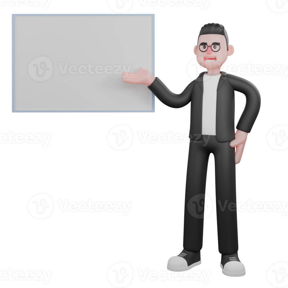 3D Cartoon Editing Specialist. A male editor stands next to the writing panel while pointing at the whiteboard with his right hand and his left hand on his waist. Media Control Scene png