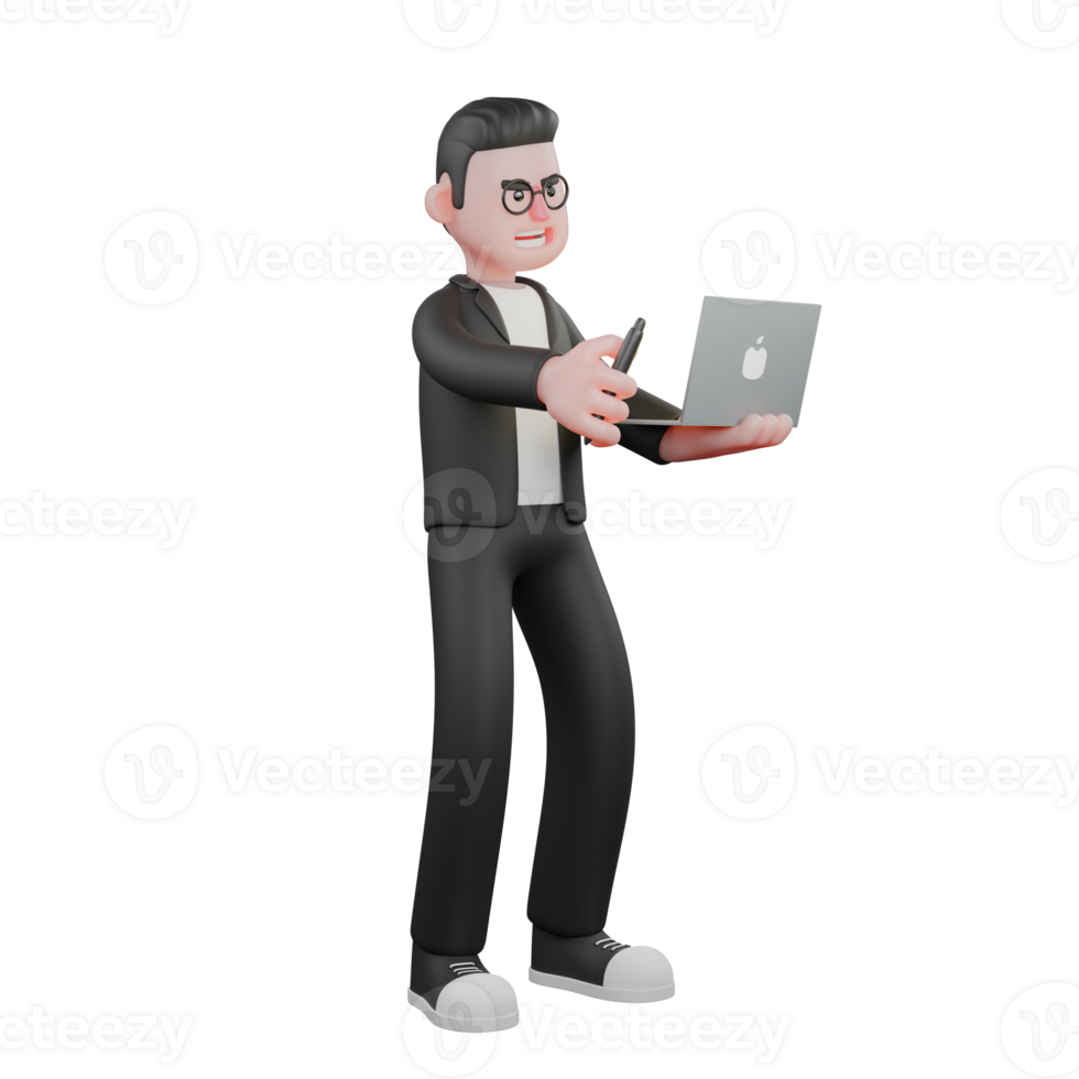 3D Male Editor Illustration. A male editor stands with an open laptop in his left hand and a pen in his right hand. Publishing Leader png