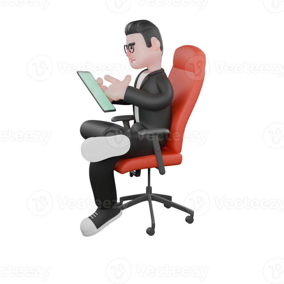 3D Male Editor at Desk. A male editor sits on a gaming chair with his right leg over his left leg and his right hand holding a tablet. Cartoon Editing Task png