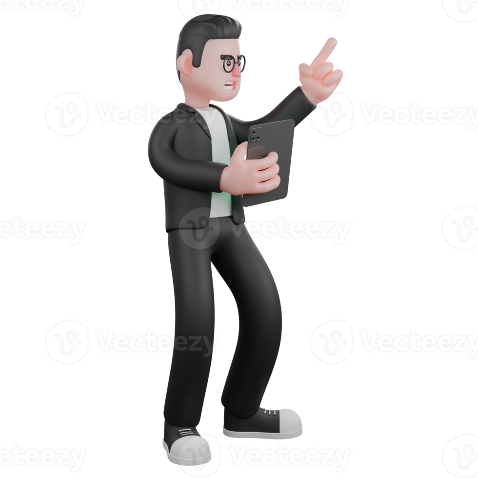 Professional Editor 3D Art. A male editor stands with his right hand holding a tablet while his left hand points upwards. Male Content Editor png