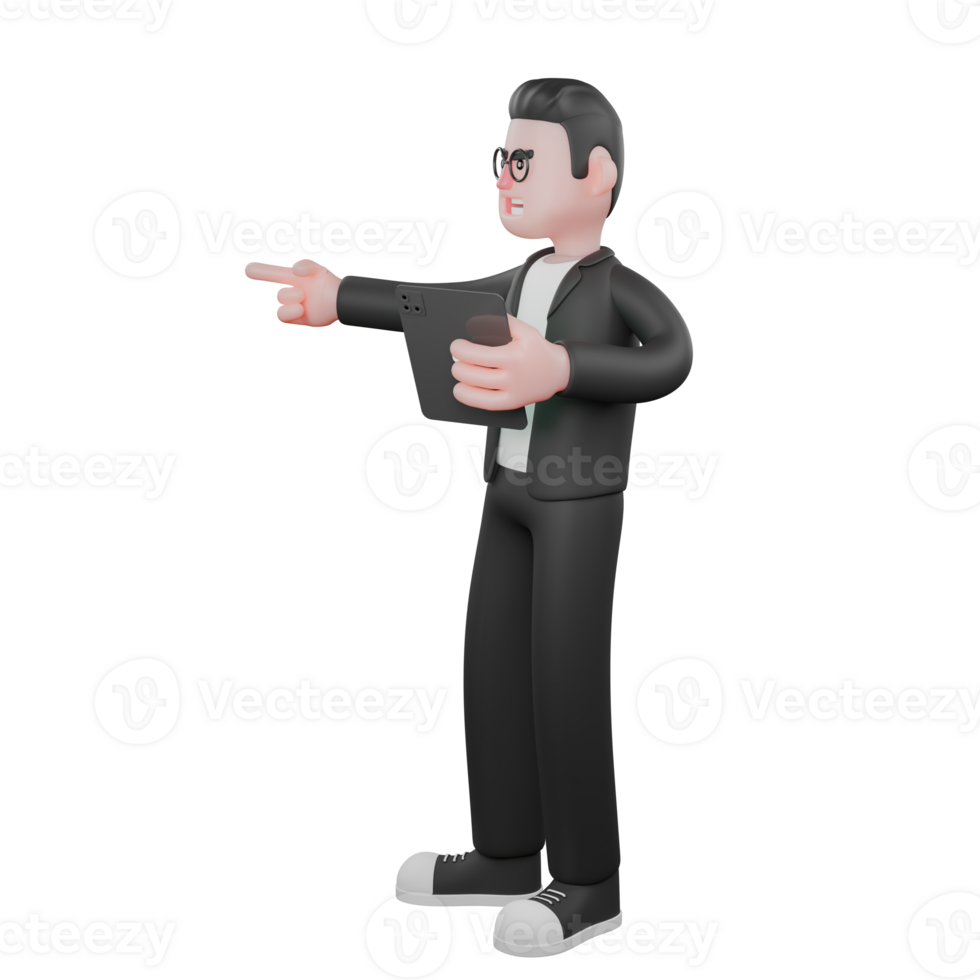 Cartoon Illustrated of Male Editor. A male editor stands with his left hand holding a tablet while his right hand points in a certain direction. 3D Creative Style png