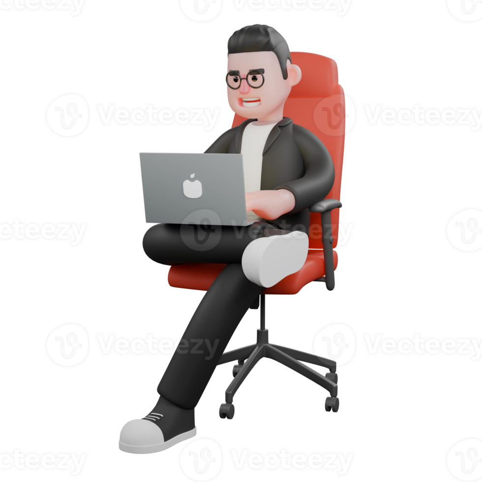 Cartoon Style Media Editor. A male editor sits in his work chair while operating a laptop. 3D Male png