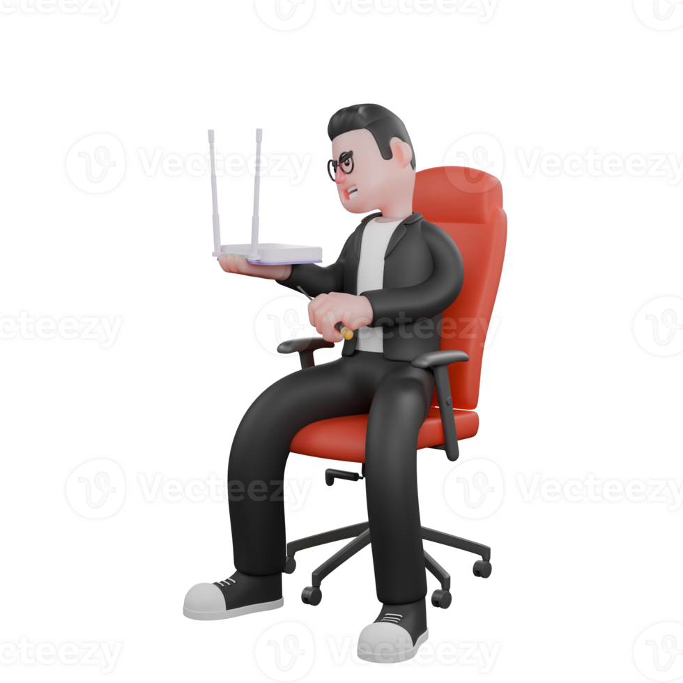 Man in Editing. A male editor is sitting on his work chair holding a router in his right hand and holding a screwdriver in his left hand, as if he wants to fix the router. 3D Editor Cartoon png