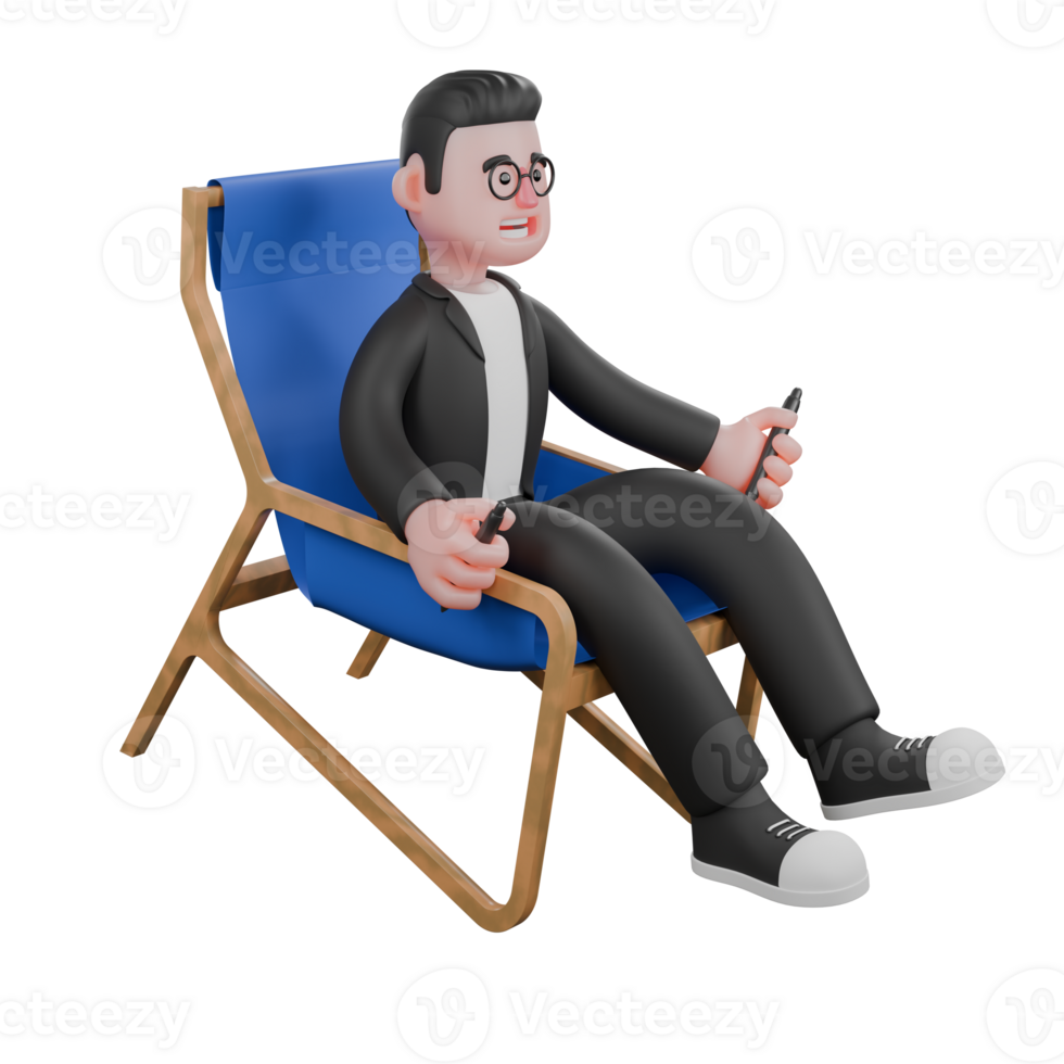 Male Editor in Publishing Setting. A male editor is sitting in a lounge chair with both hands holding a pen. 3D Character png