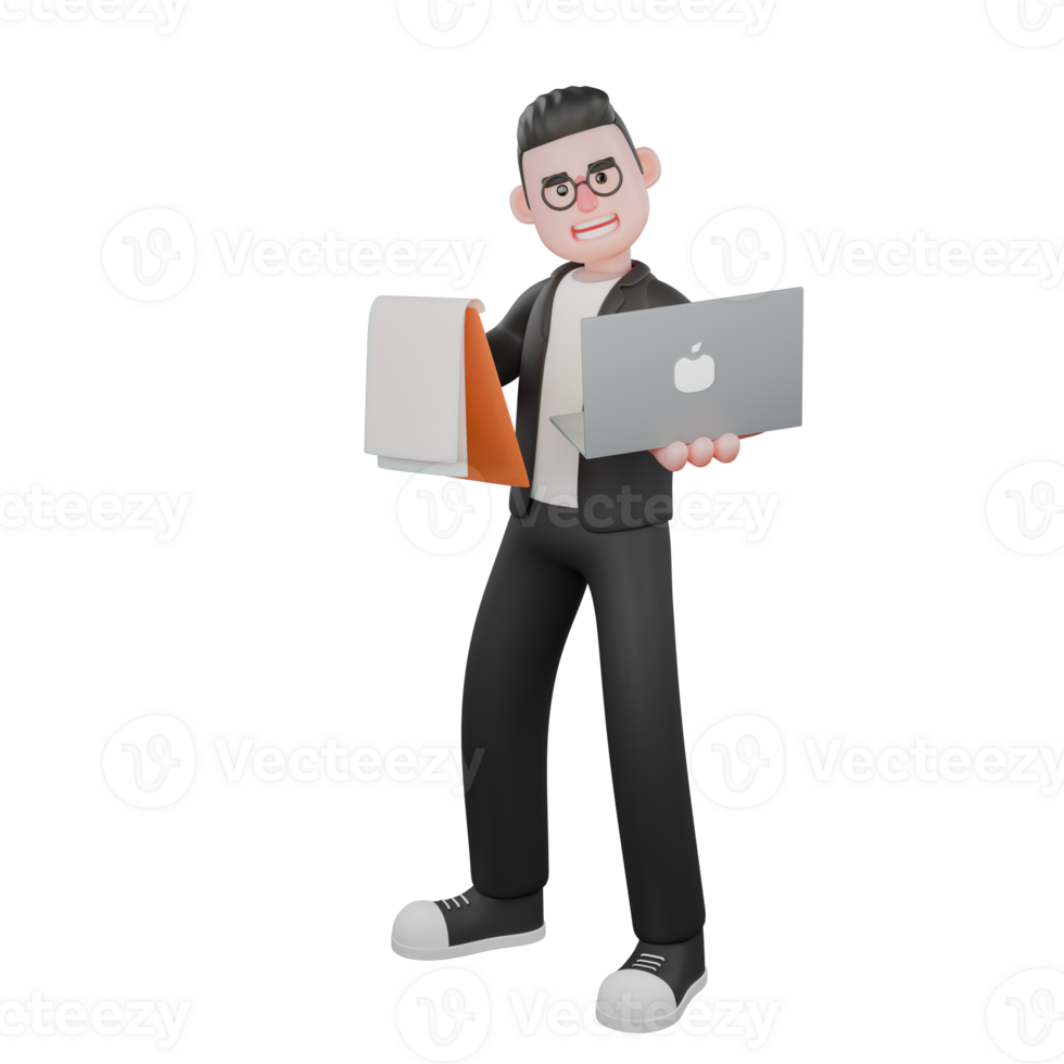3D Publishing Character. A male editor stands with a laptop in his left hand and a clipboard in his right hand. Male Editor Illustrated png