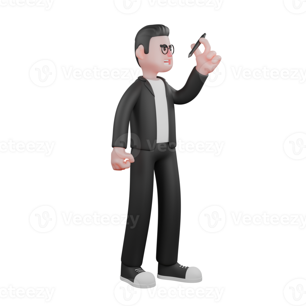 3D Professional in Editing. A male editor stands while looking at a pen held in his left hand. Male Editor png