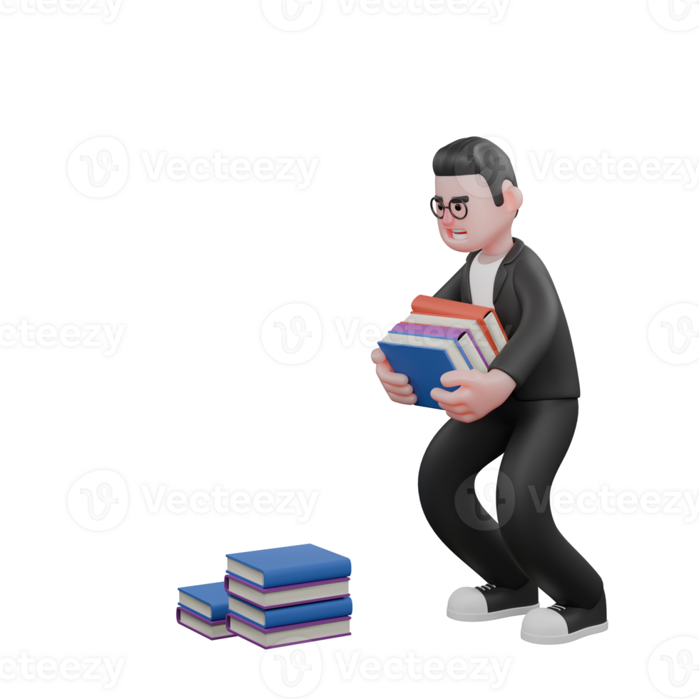 3D Male Editor Character. A male editor is standing, squatting, carrying four stacks of books taken from several stacks of books in front of him. Media Professional png