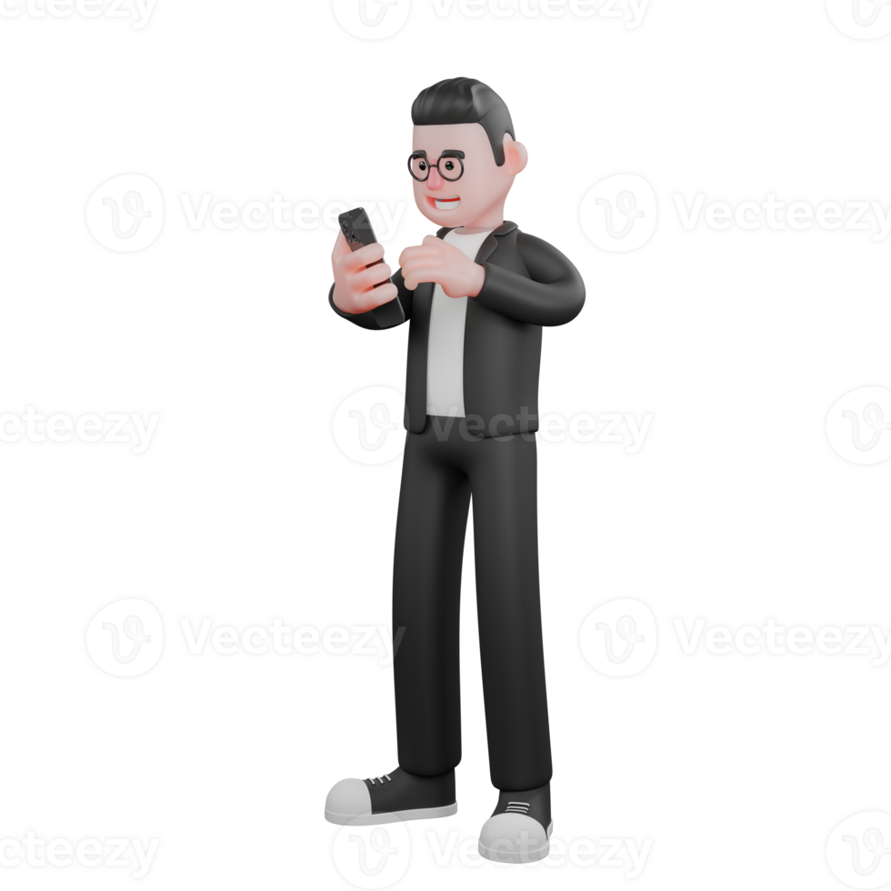 Illustrated of Male Media Professional. A male editor stands with his right hand holding a mobile phone. 3D Editor png
