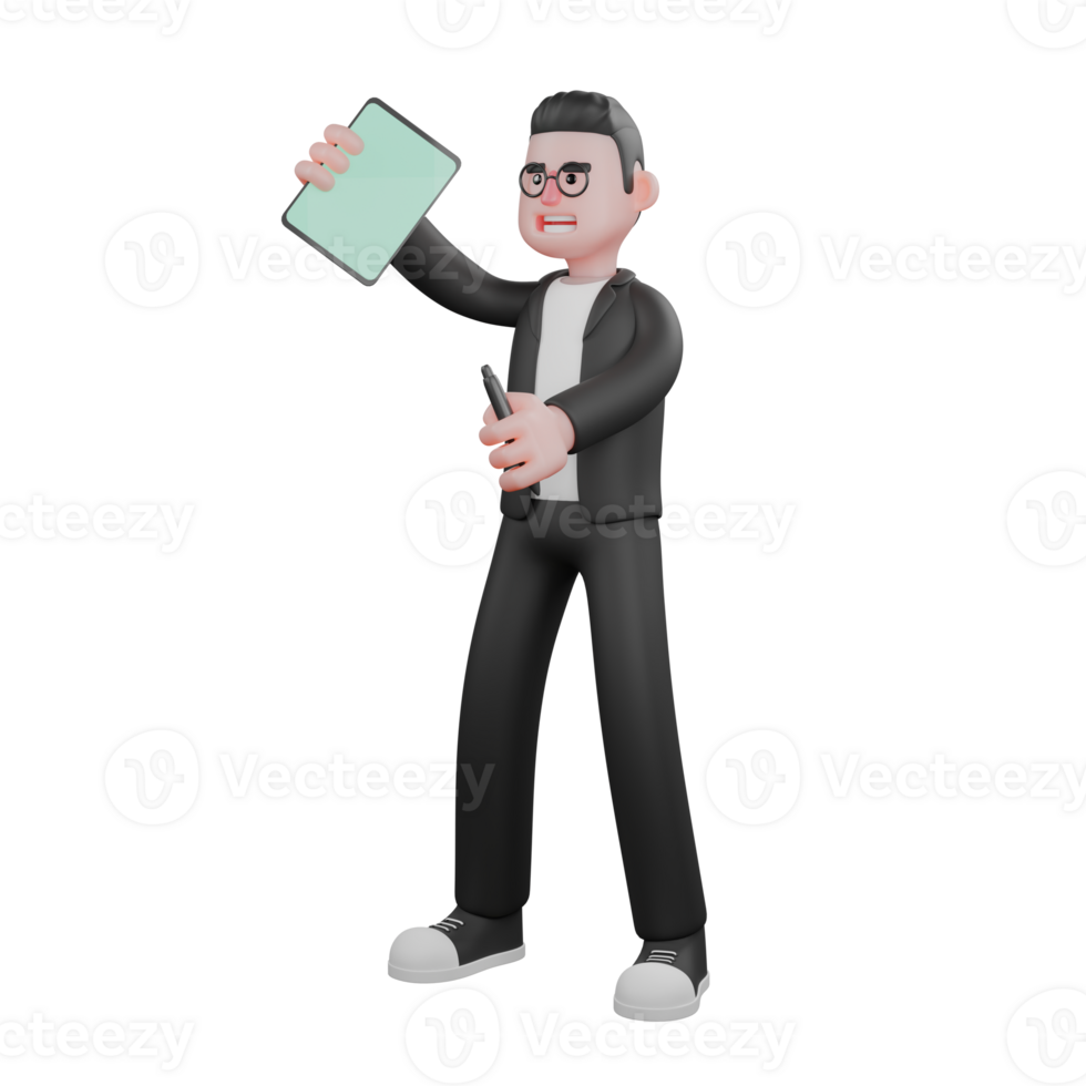 3D Illustration Male Editor. A male editor stands with his right hand holding a tablet while his left hand holds a drawing pen. Media Professional png