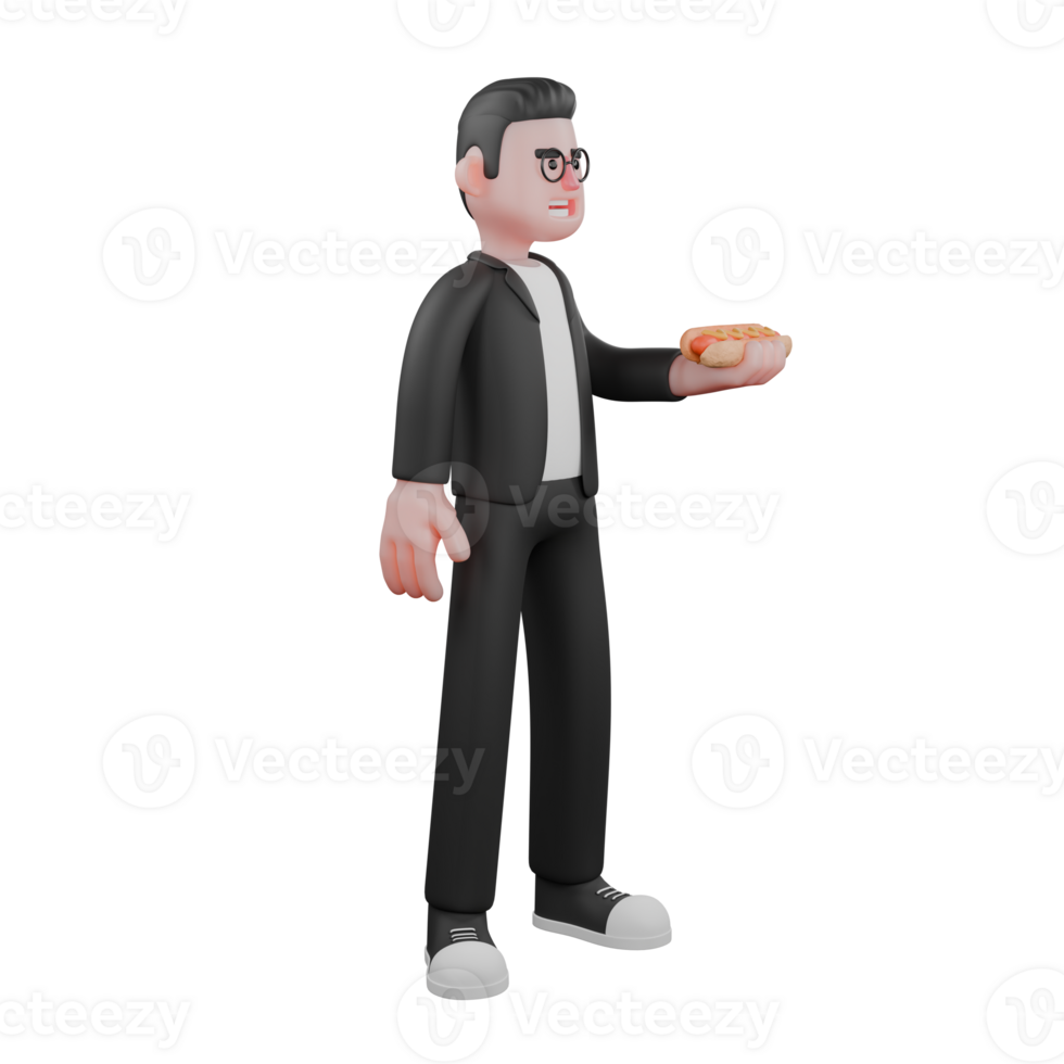 Male Media Professional. A male editor stands with his left hand holding a hotdog. 3D Editor Cartoon png