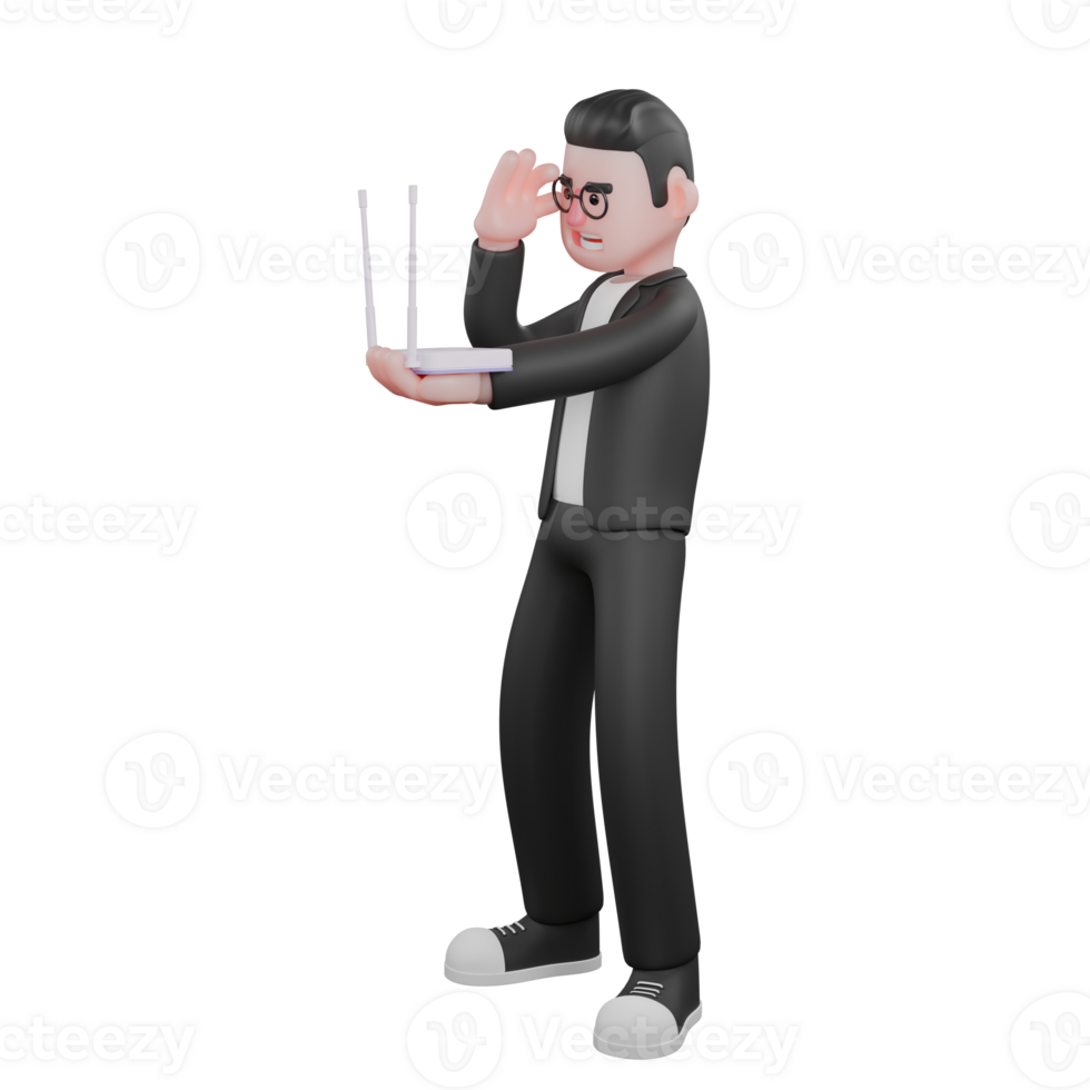 Illustrated Publishing Expert. A male editor is standing while observing a router he is holding. 3D Male Editor png