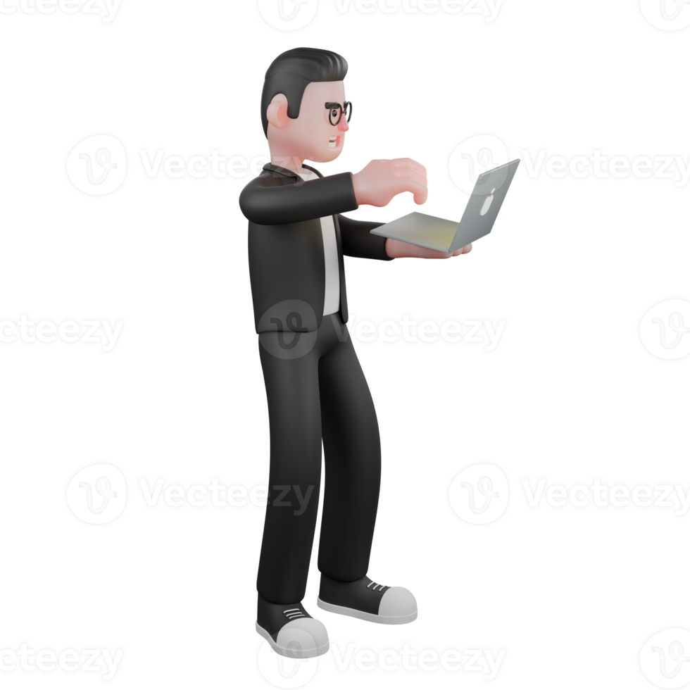 3D Media Enforcement Male Editor. A male editor stands holding a laptop in his left hand while his right hand is on top of the laptop. Professional png
