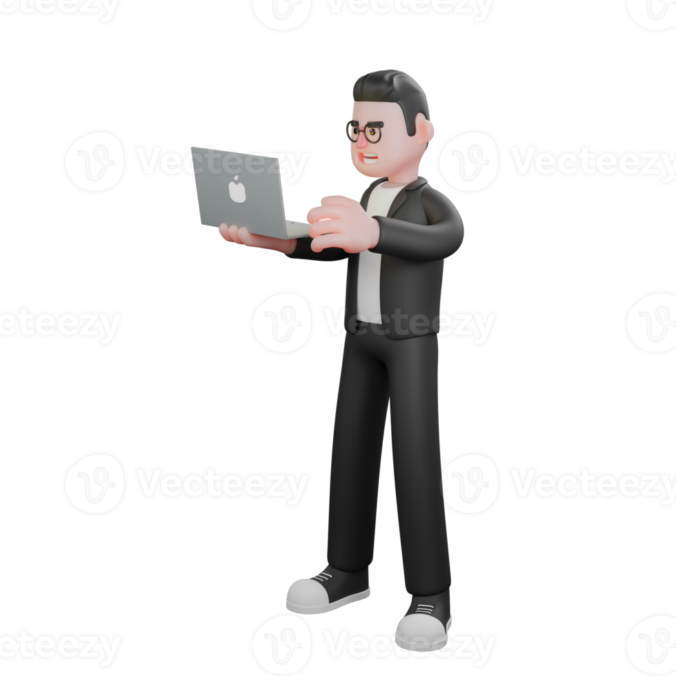 3D Model of Professional Male Editor. A male editor stands with his right hand holding a laptop while his left hand is operating it. Media Character png