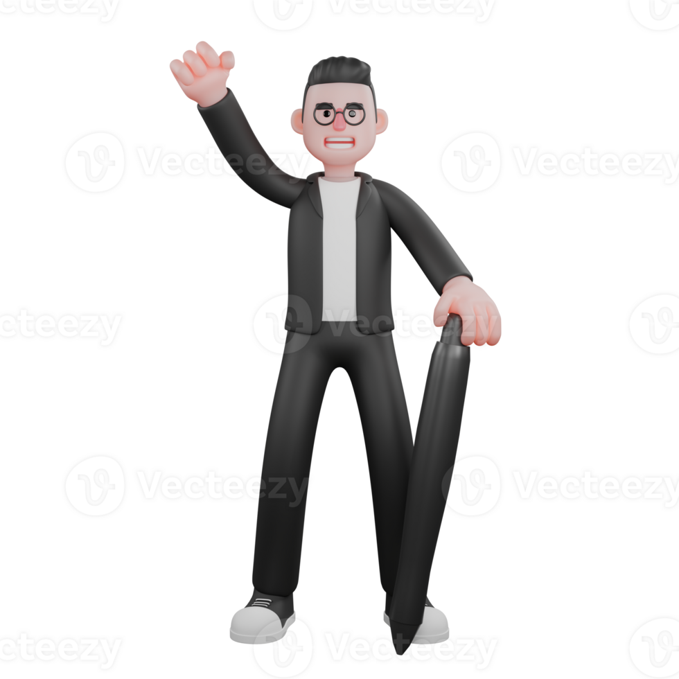 Professional Character Male Editor. A male editor stands next to a large drawing tablet with his right hand clenched while his left hand holds the drawing tablet. 3D Illustrated png
