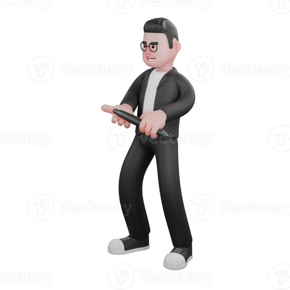 Illustrated of a Male Editor in 3D. A male editor stands holding a stick with both hands. Professional Media png