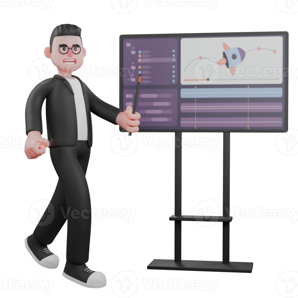 Professional 3D Male Editor. A male editor stands next to a presentation board while holding a stick in his left hand.Media Character png