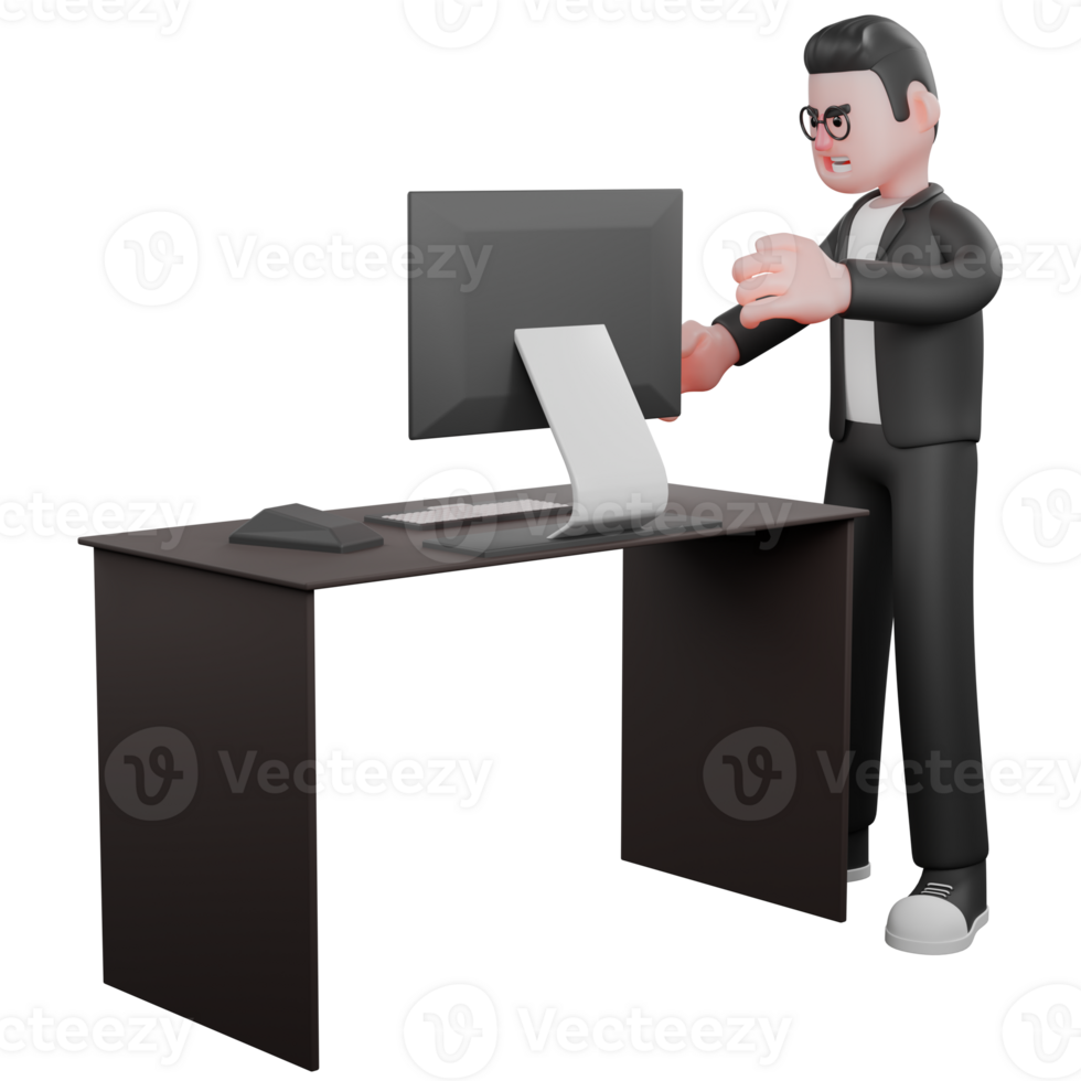 Media Male Editor. A male editor is standing next to his work desk with an angry expression. 3D Professional Character png