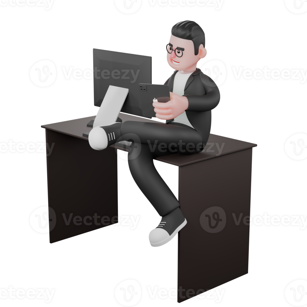Professional Male Editor. A male editor sits at his desk holding a mobile phone while his legs are crossed. 3D Media Illustrated png