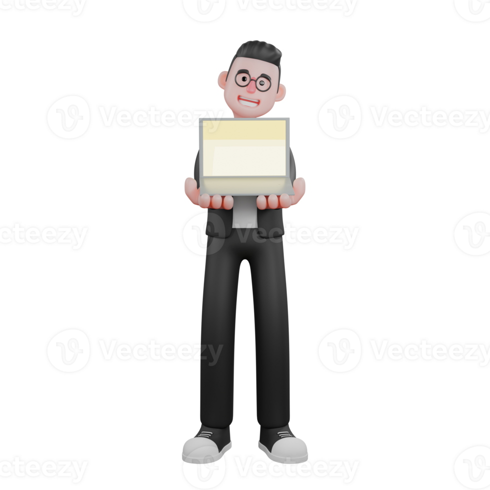 Professional 3D Male Editor. A male editor stands while showing the laboratory screen carried by both hands. Cartoon Media png