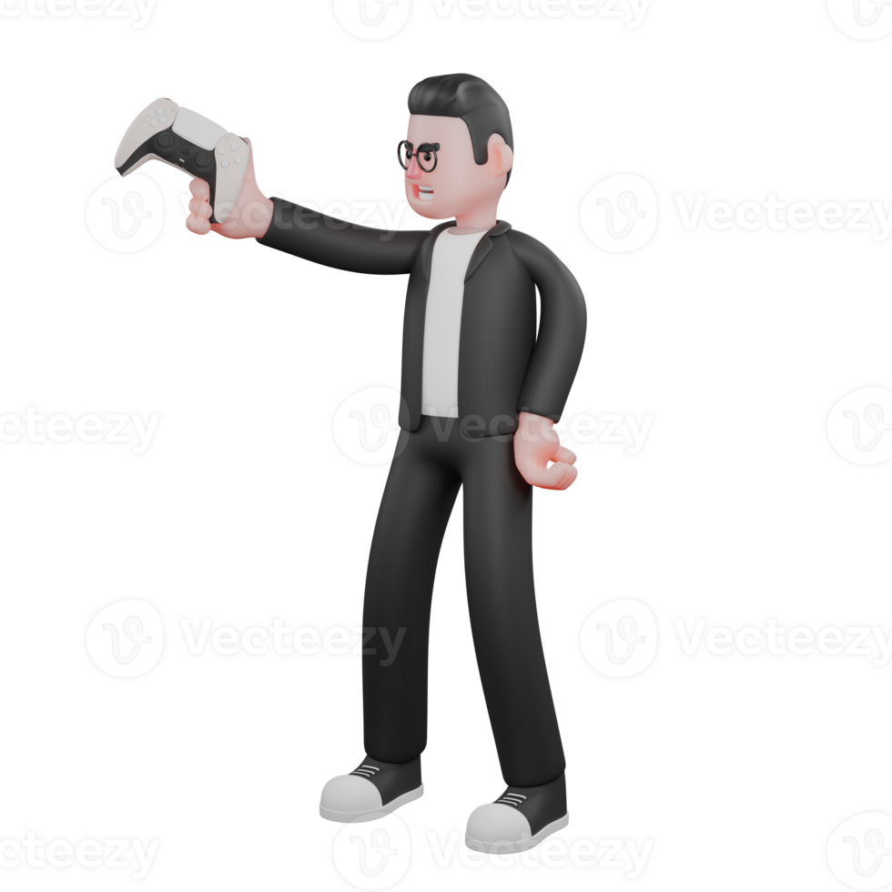 Professional Male Media Character. A male editor stands holding a game stick in his right hand while his left hand is on his waist. 3D Editor png