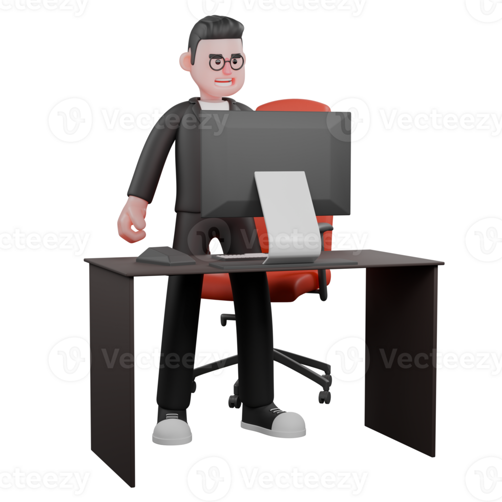 3D Male Editor in Professional Role. A male editor stands behind a work desk. Media Cartoon png