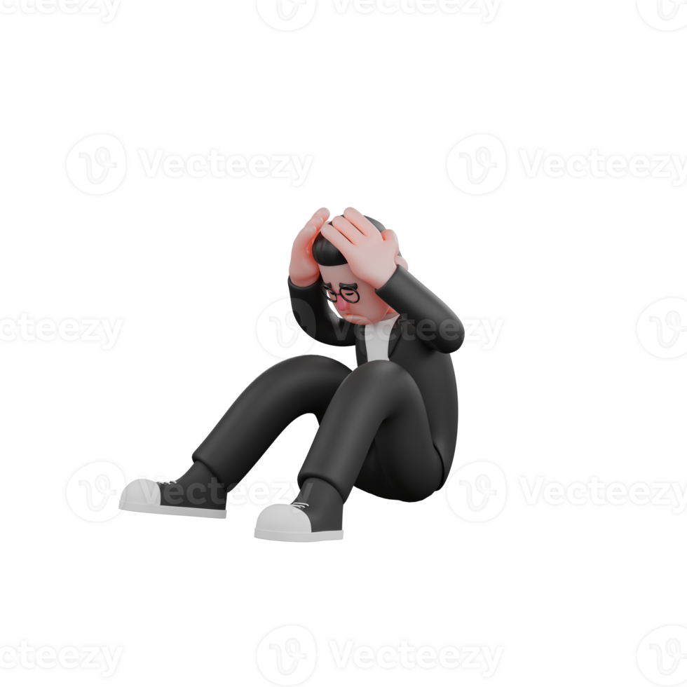3D Media Editor Male. A male editor is sitting with his legs slightly bent and his hands holding his head. Professional Illustrated png