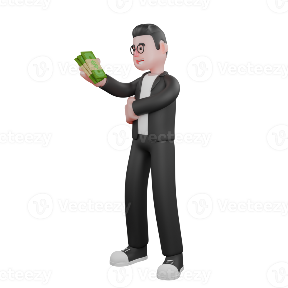 3D Cartoon Male Editor. A male editor is holding a stack of money in his right hand while his left hand is around his chest. Professional Media png