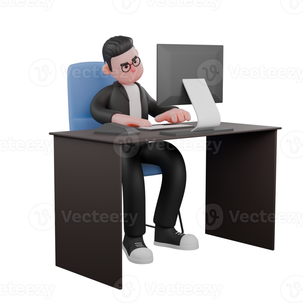 3D Illustrated of Professional Male Editor. A male editor is sitting while typing on a keyboard that is right in front of the monitor screen on his desk. Media png