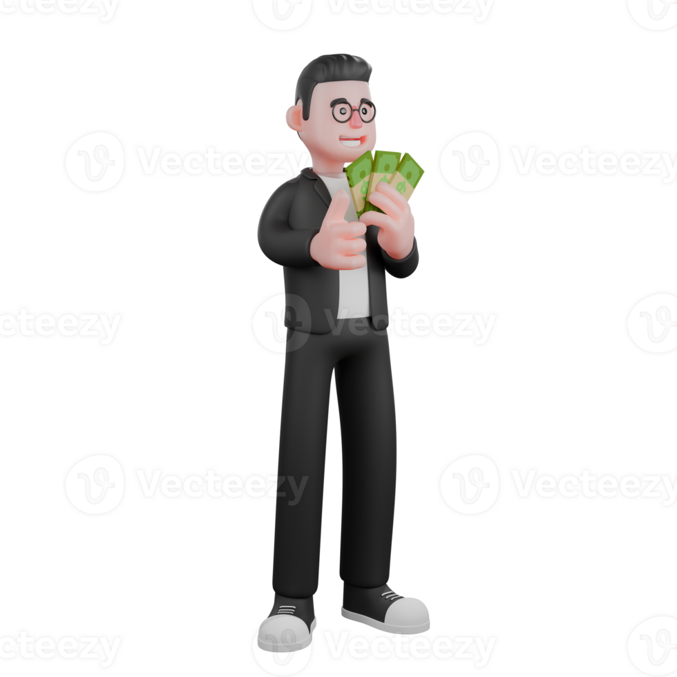 Professional Editor Character in 3D. A male editor stands holding some money arranged like folded coins and his right hand extends his thumb. Male png