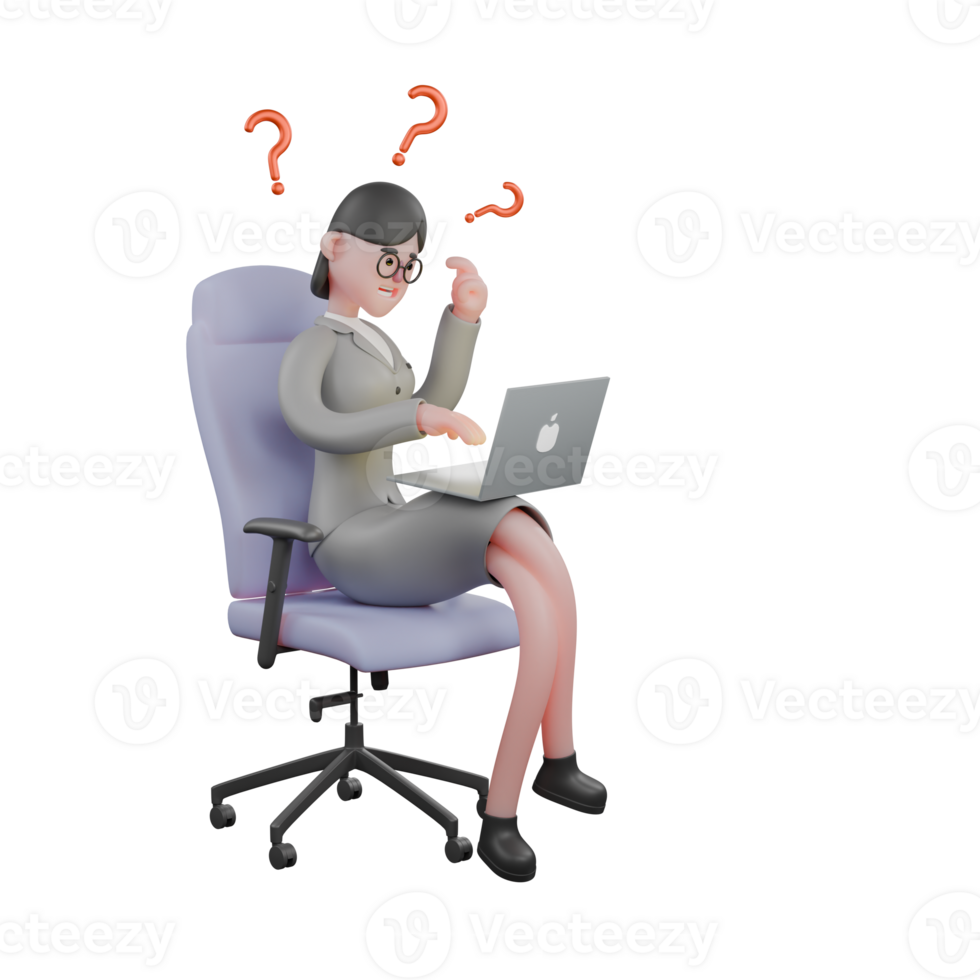 News Expert 3D Model. A female journalist sits on a gaming chair holding a tablet and her left hand raised as if she is confused. Journalist Cartoon png