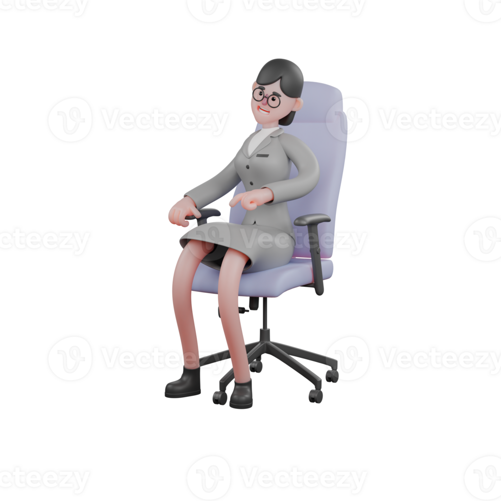 3D Cartoon Journalist Character. A female journalist sits relaxed on a recliner with her right hand pointing in a certain direction. Media Reporting Model png