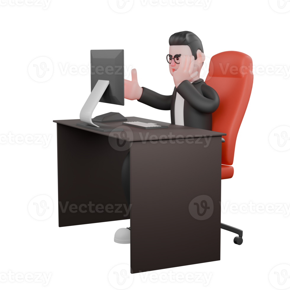 3D Male Editor in Action. A male editor sits in front of a monitor at his desk while holding his cheek with his left hand. Professional Media png