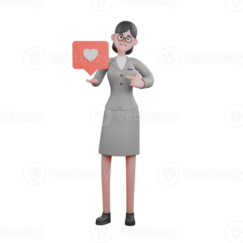 3D Model of Cartoon Journalist. A female journalist stands while holding a heart icon symbol in her hand while her right hand points to the heart icon symbol. News Gathering Expert png